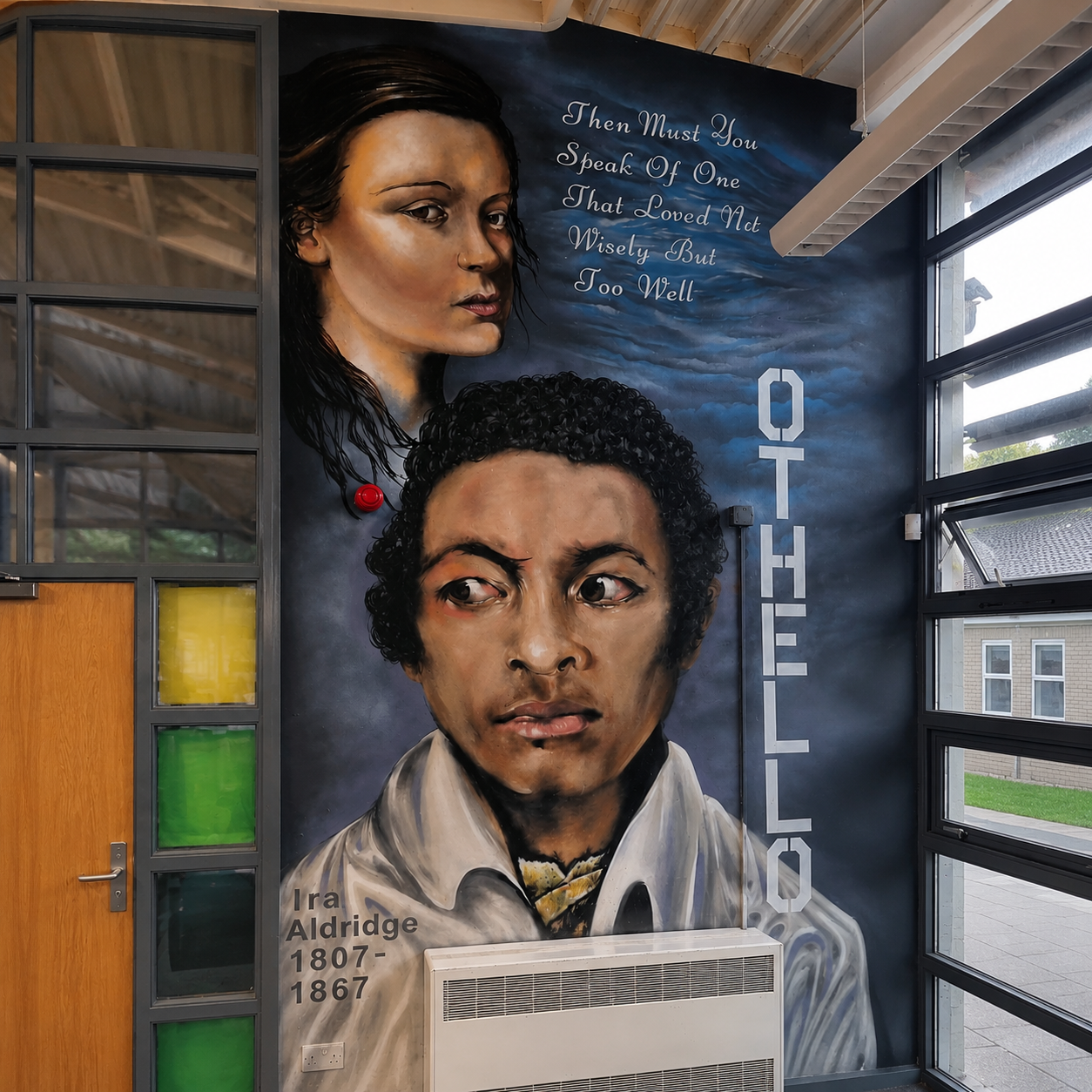 Large-scale Othello mural at Truro School Cornwall featuring dramatic portrait artwork inspired by Shakespeare's tragedy, painted as part of a campus-wide educational mural project.