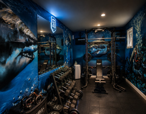 Custom shark mural transforming a private fitness studio