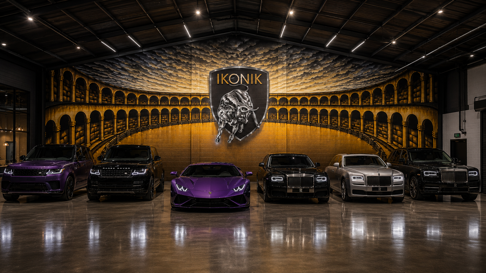 Commercial mural in luxury vehicle showroom created by Urban Gypset