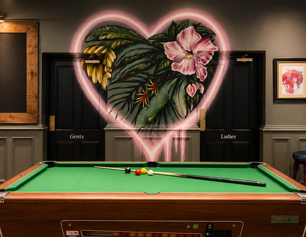 commercial mural in Pub feature wall with foliage artwork and pool table seating area