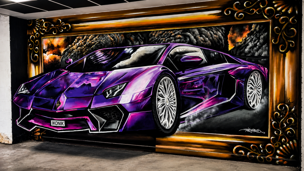 Custom showroom mural featuring a purple supercar illusion artwork designed for a luxury retail and automotive display space.