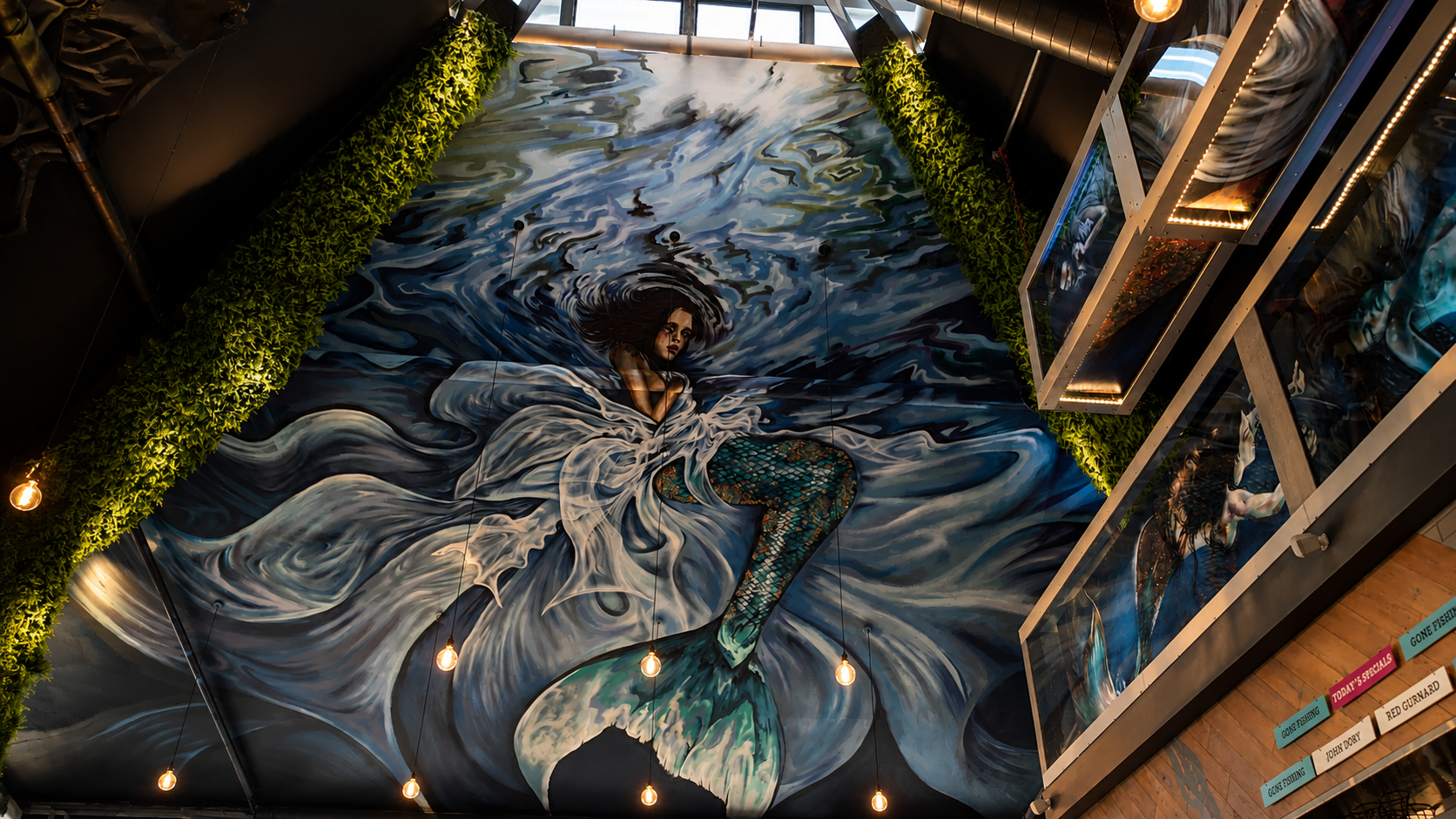 urban gypset commercial mural on vaulted ceiling in plymouth