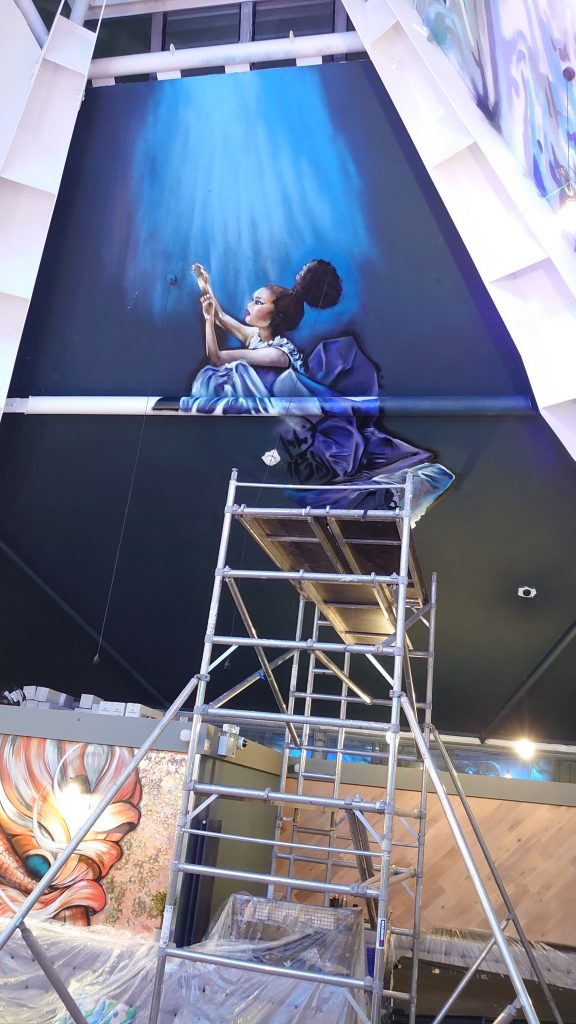 restaurant mural artist devon in progress