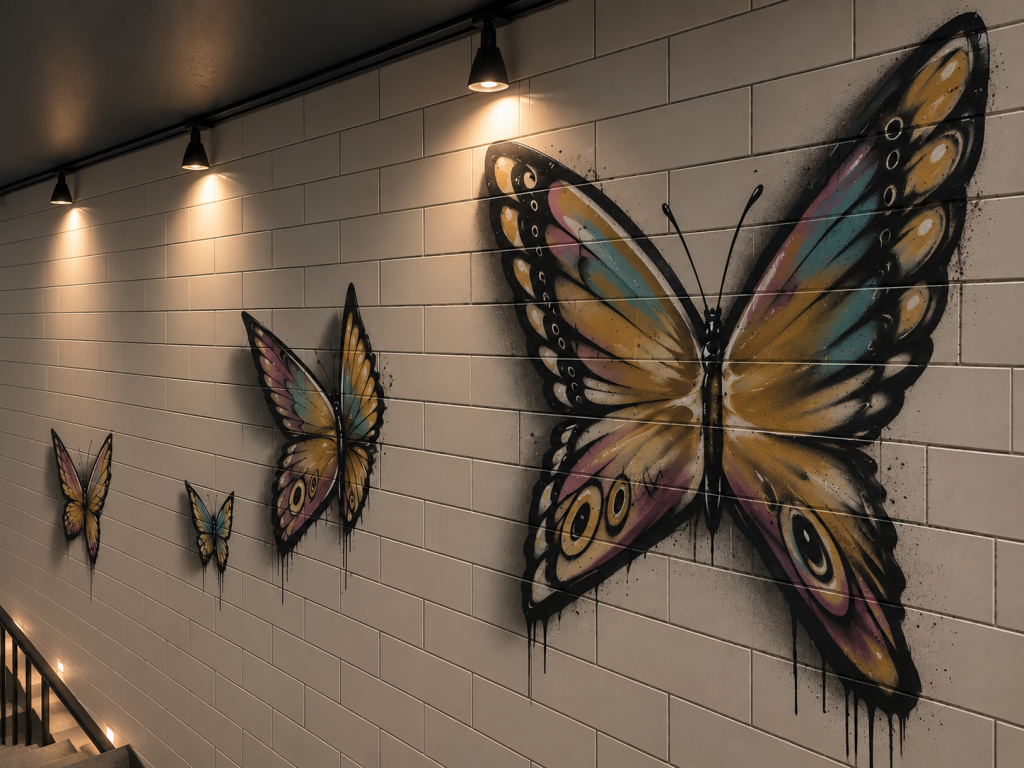 Hand-painted butterfly mural in the stairwell of Claremont Social Tap House Shrewsbury