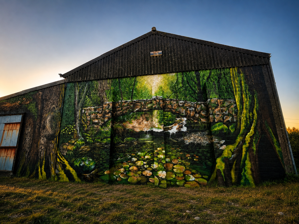 Large-scale woodland mural painted on a barn in a Cornwall farmers’ field, featuring a moss-covered stone bridge, forest trees and a flowing stream.