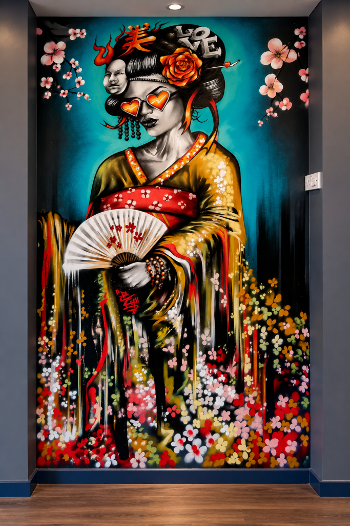 Large commercial interior mural created for a Preston sushi restaurant, featuring Japanese-inspired artwork