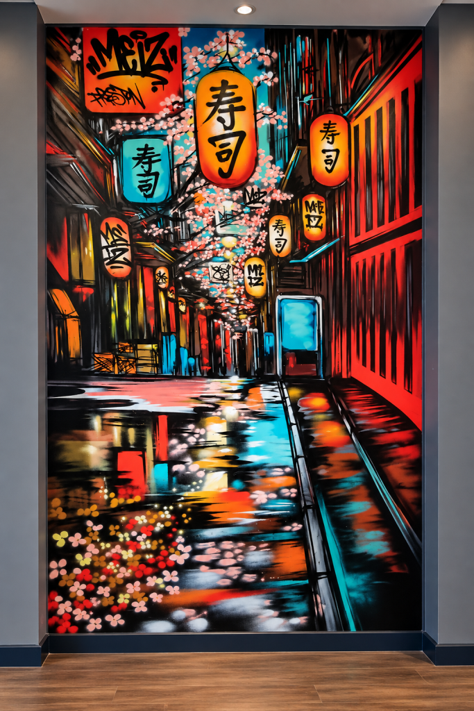 Colourful hand-painted mural transforming the interior of a Preston sushi restaurant with Japanese imagery