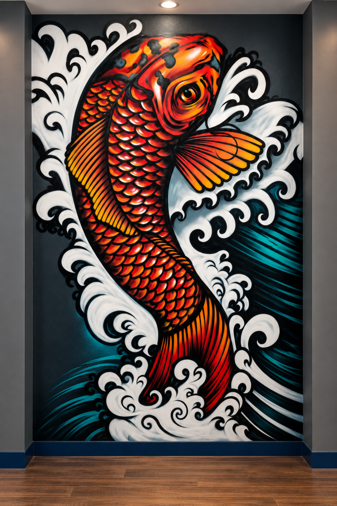 Japanese-inspired koi and geisha mural spanning the walls of a Preston sushi restaurant interior