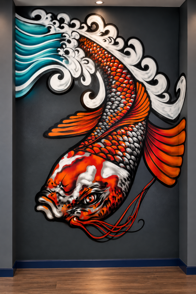 Large-scale Japanese mural featuring koi, dragons, waves and cherry blossoms in a Preston restaurant