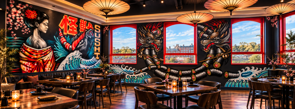 Large-scale Japanese mural featuring koi, dragons, waves and cherry blossoms in Preston restaurant