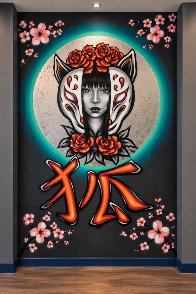 Hand-painted sushi restaurant mural with Japanese geisha artwork, koi fish and dragon imagery
