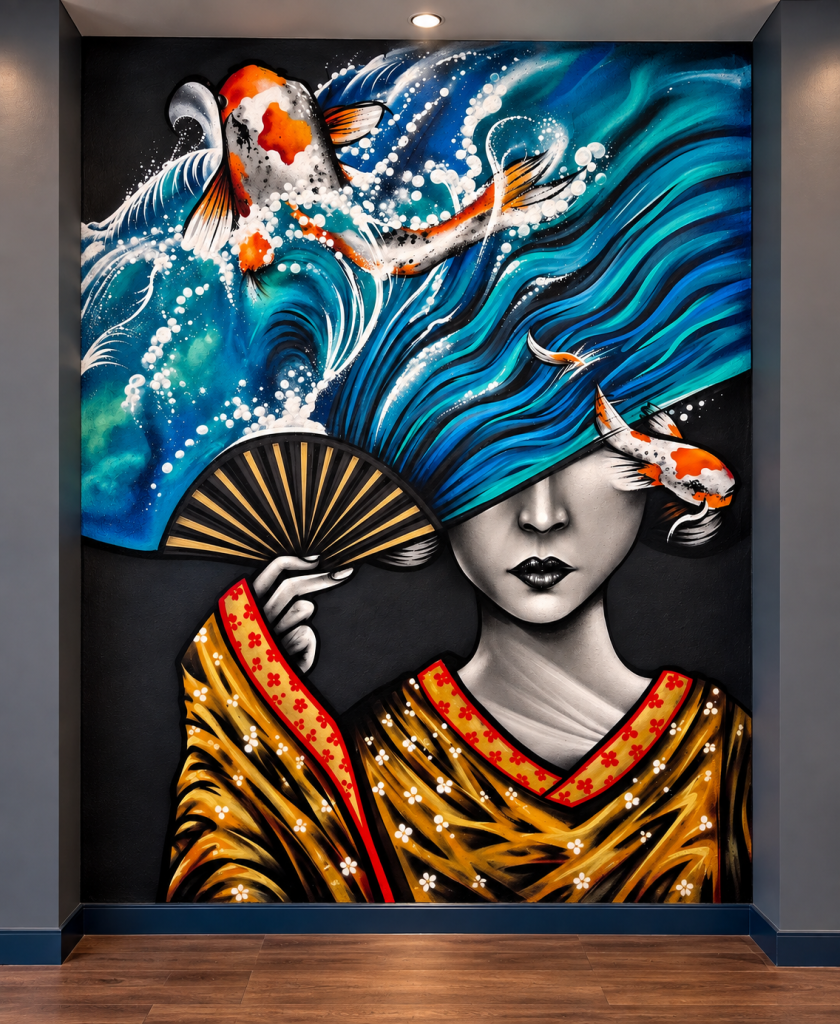 Bespoke Japanese-themed restaurant mural combining koi fish, dragons, waves and cherry blossom artwork